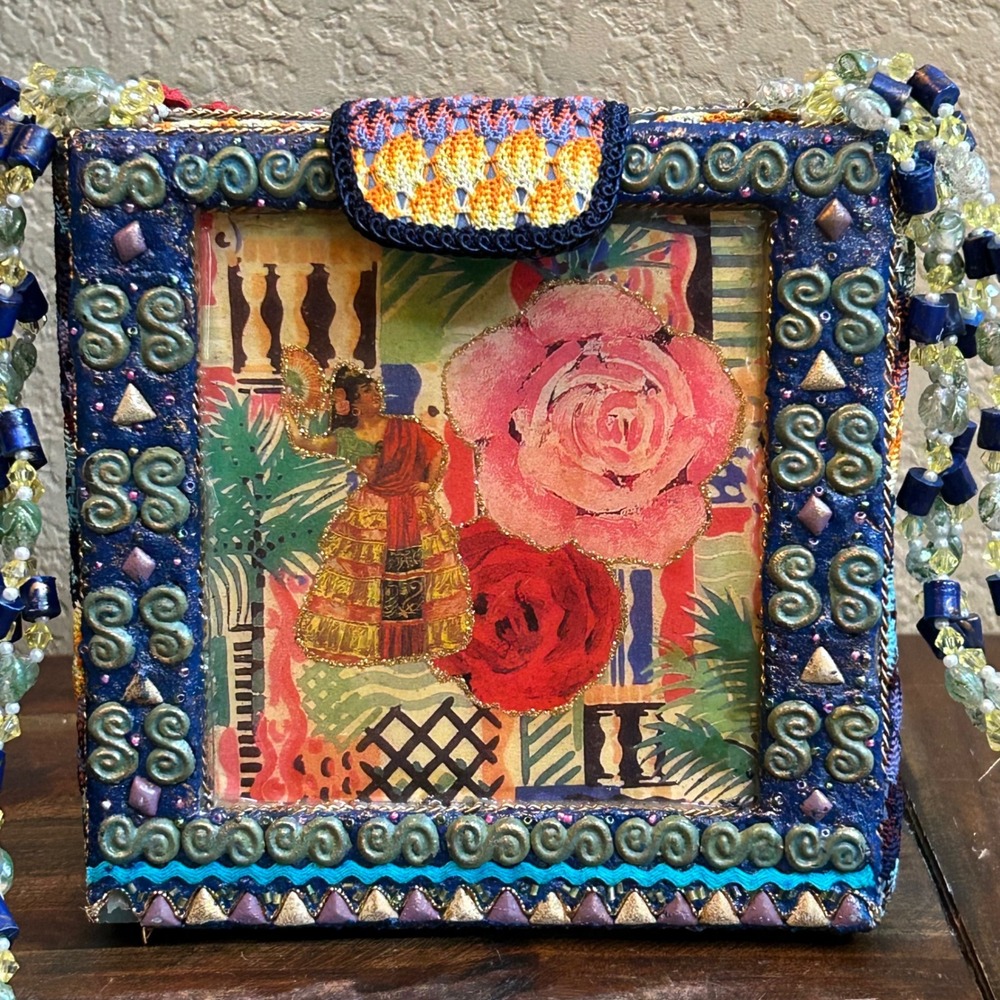 Mary Frances Beaded Box Crossbody Bag Floral Guitar Art Handcrafted Purse